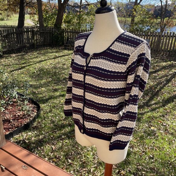 Reba Rose Striped Acrylic Knit Cardigan Sweater Purple & Cream Womens Medium - Picture 2 of 9